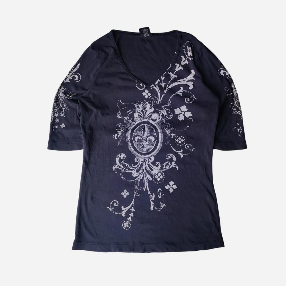 Y2K Sledge USA Navy Blue V-Neck Tee with White Ornate Floral and Scrollwork Grap